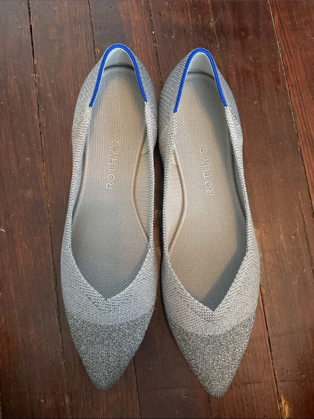 Rothy's The Point - Silver Metallic with Blue Trim